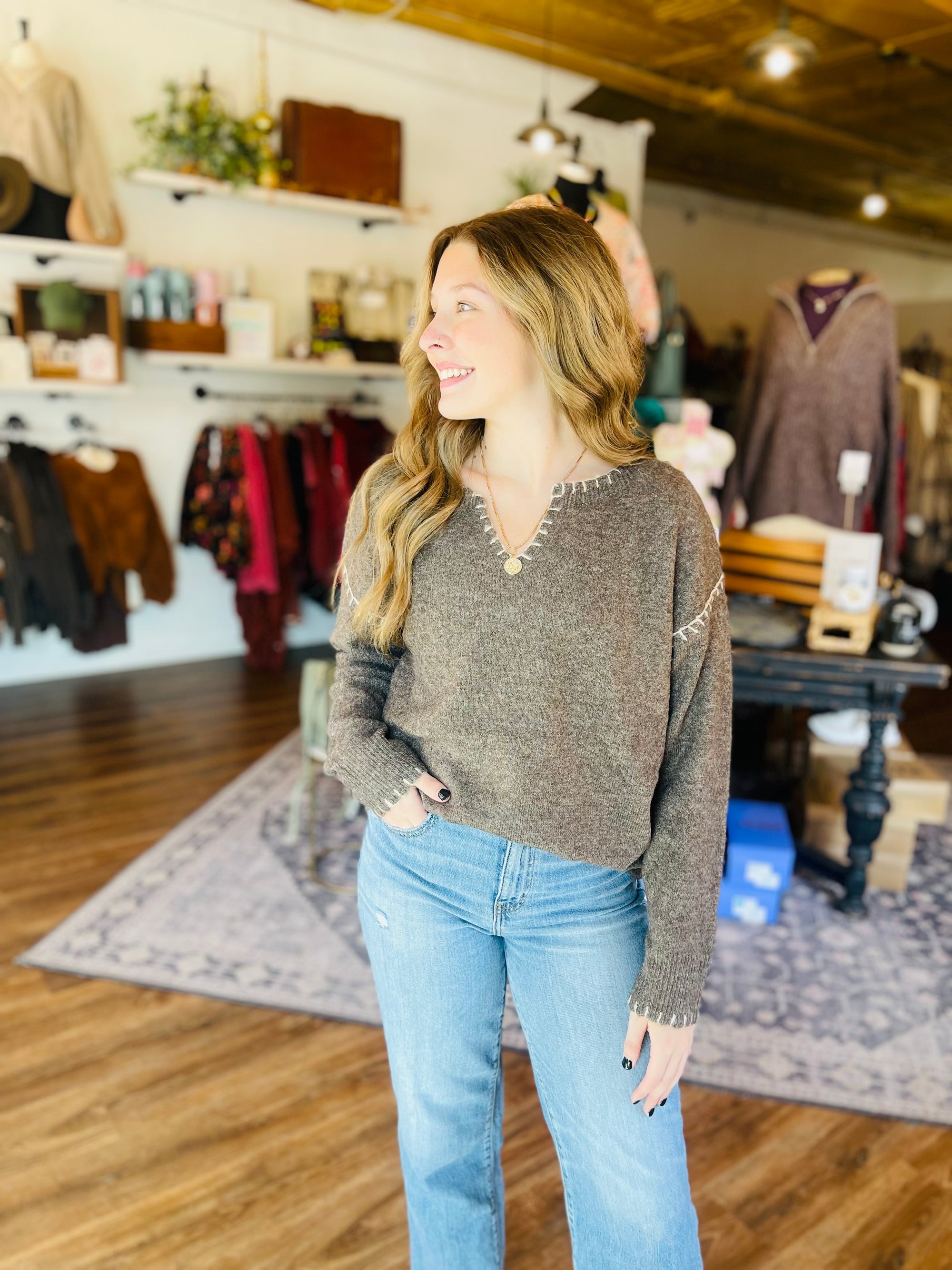 Brown Sweater w/ Blanket Stitch Detail