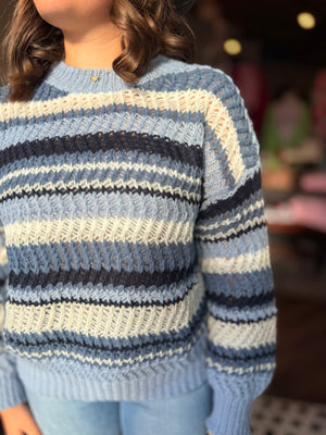 Multi Blue Stripe Crew Neck Knit Sweater