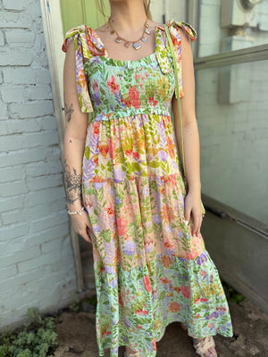 Garden Floral Tie Strap Smocked Top Midi Dress