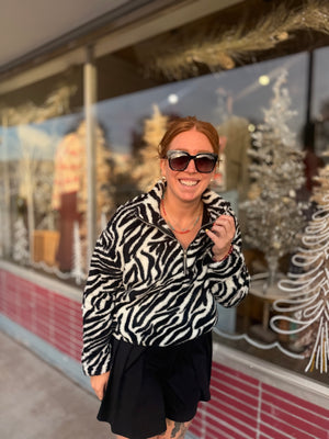 Zebra Print Cropped Fuzzy Quarter Zip