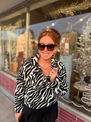 Zebra Print Cropped Fuzzy Quarter Zip