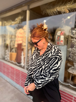 Zebra Print Cropped Fuzzy Quarter Zip