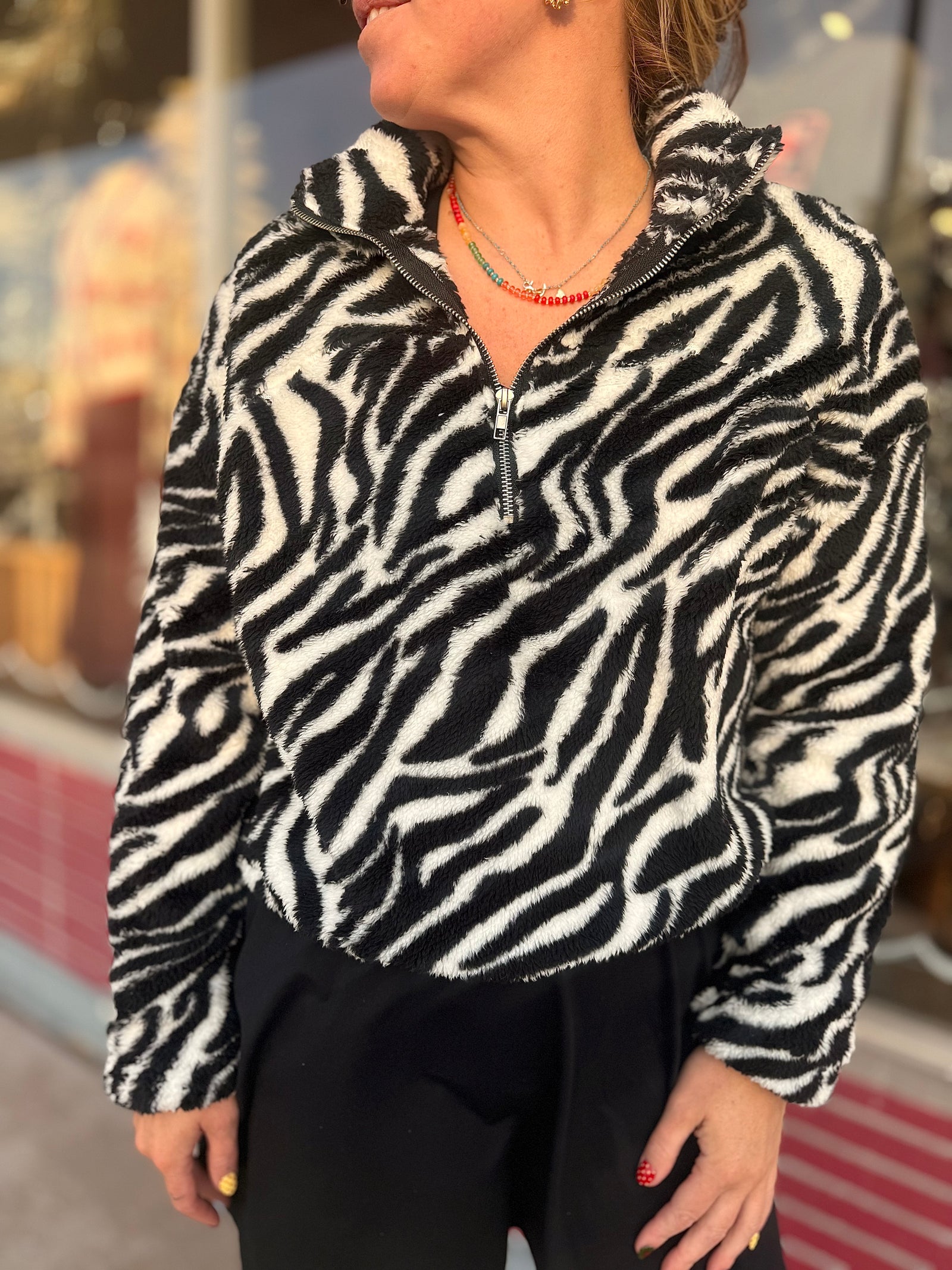 Zebra Print Cropped Fuzzy Quarter Zip