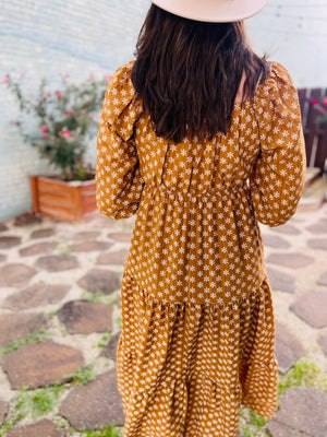 Brown Floral Print Tiered Maxi Dress