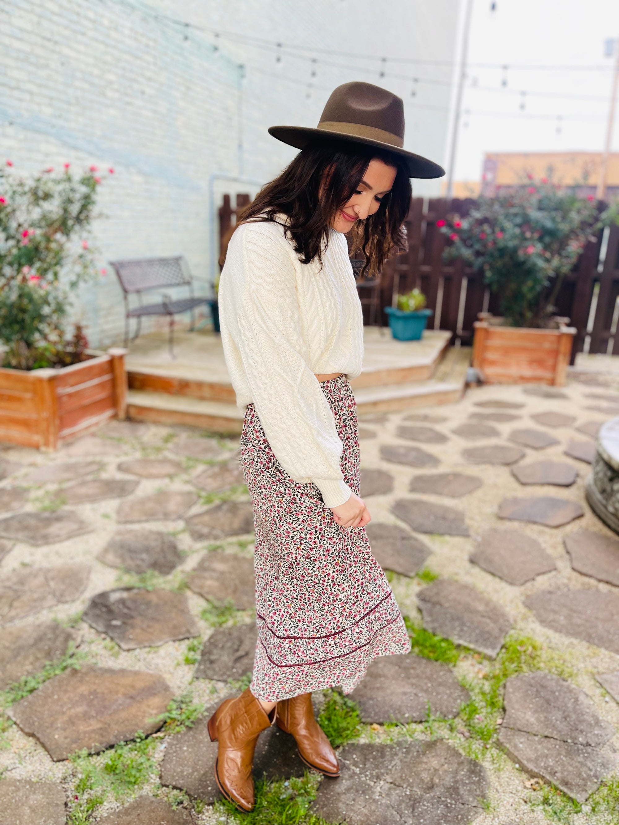 Cream Printed Floral Maxi Skirt