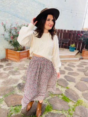 Cream Printed Floral Maxi Skirt