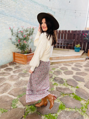 Cream Printed Floral Maxi Skirt