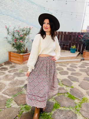 Cream Printed Floral Maxi Skirt