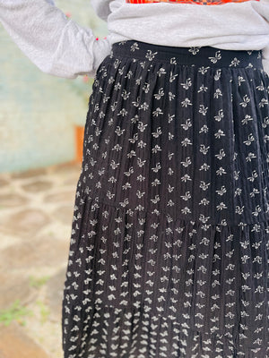 Black Bow Print Tiered Maxi Skirt