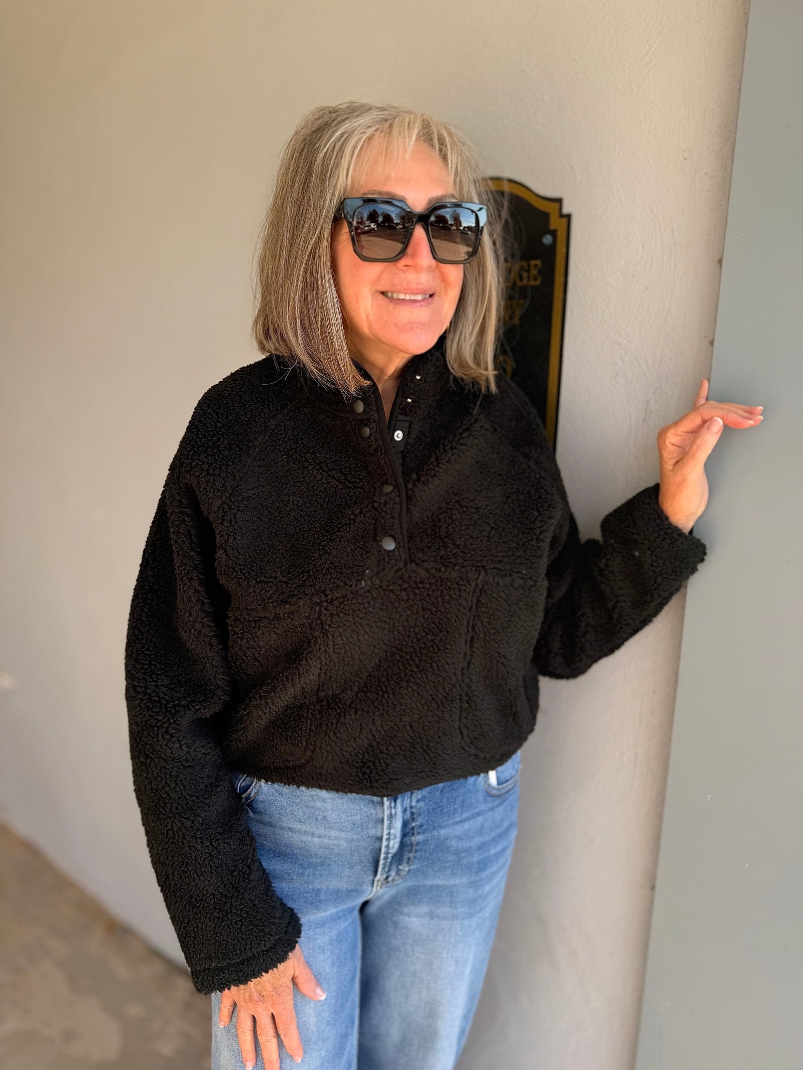 Black Sherpa Quarter Snap Top