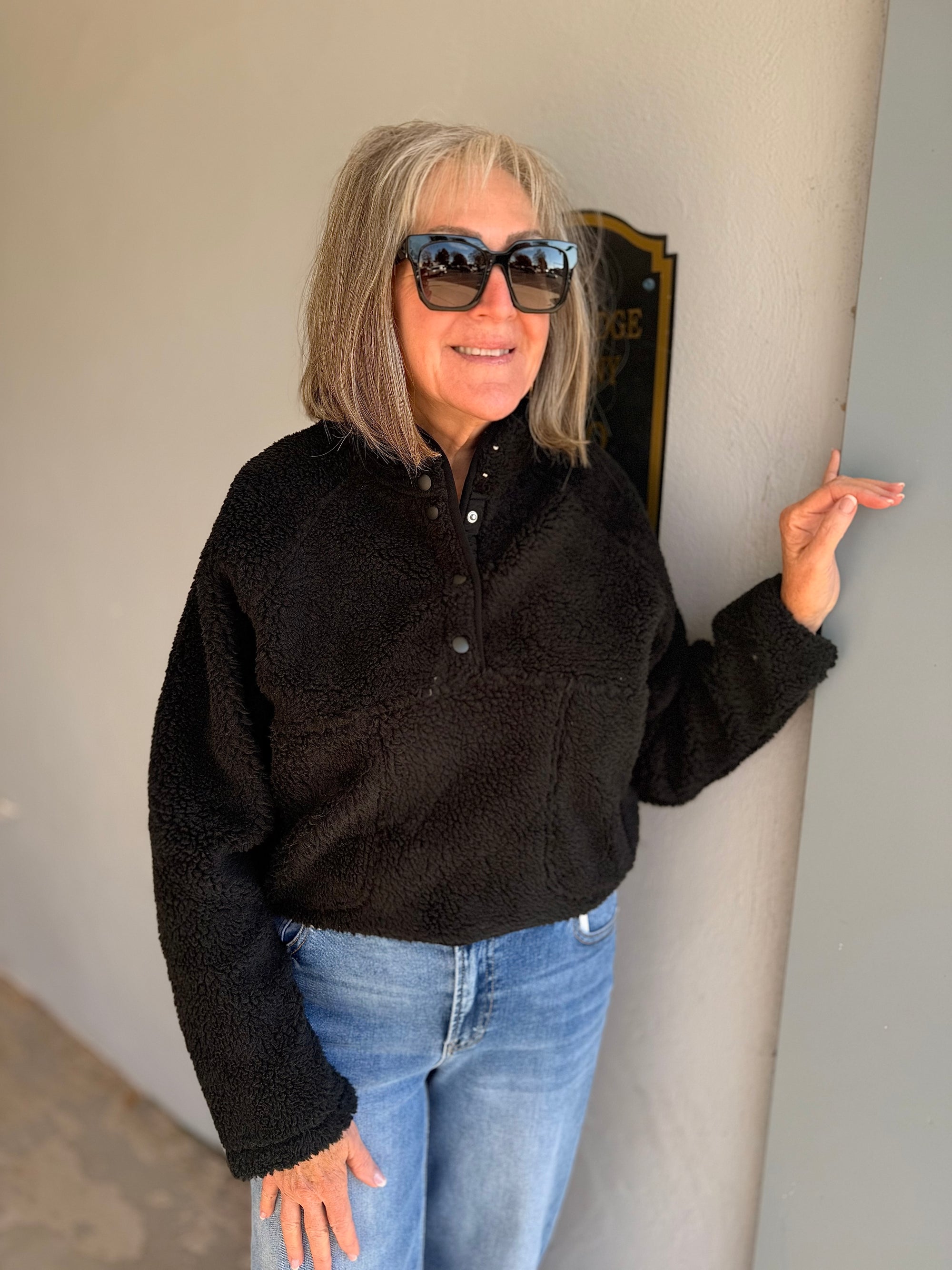 Black Sherpa Quarter Snap Top