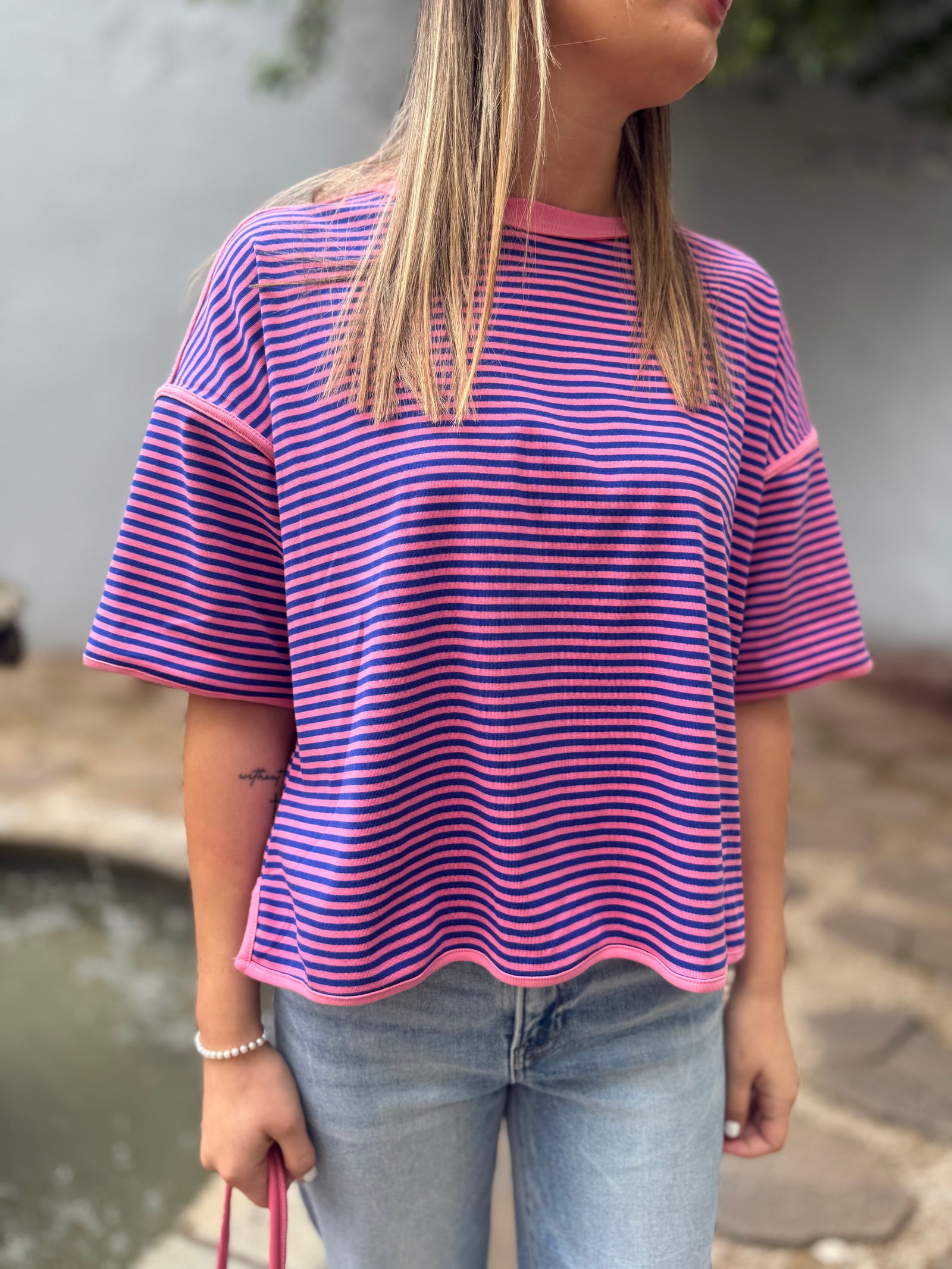 Sewn + Seen Pink/Royal Blue Striped Oversized Top