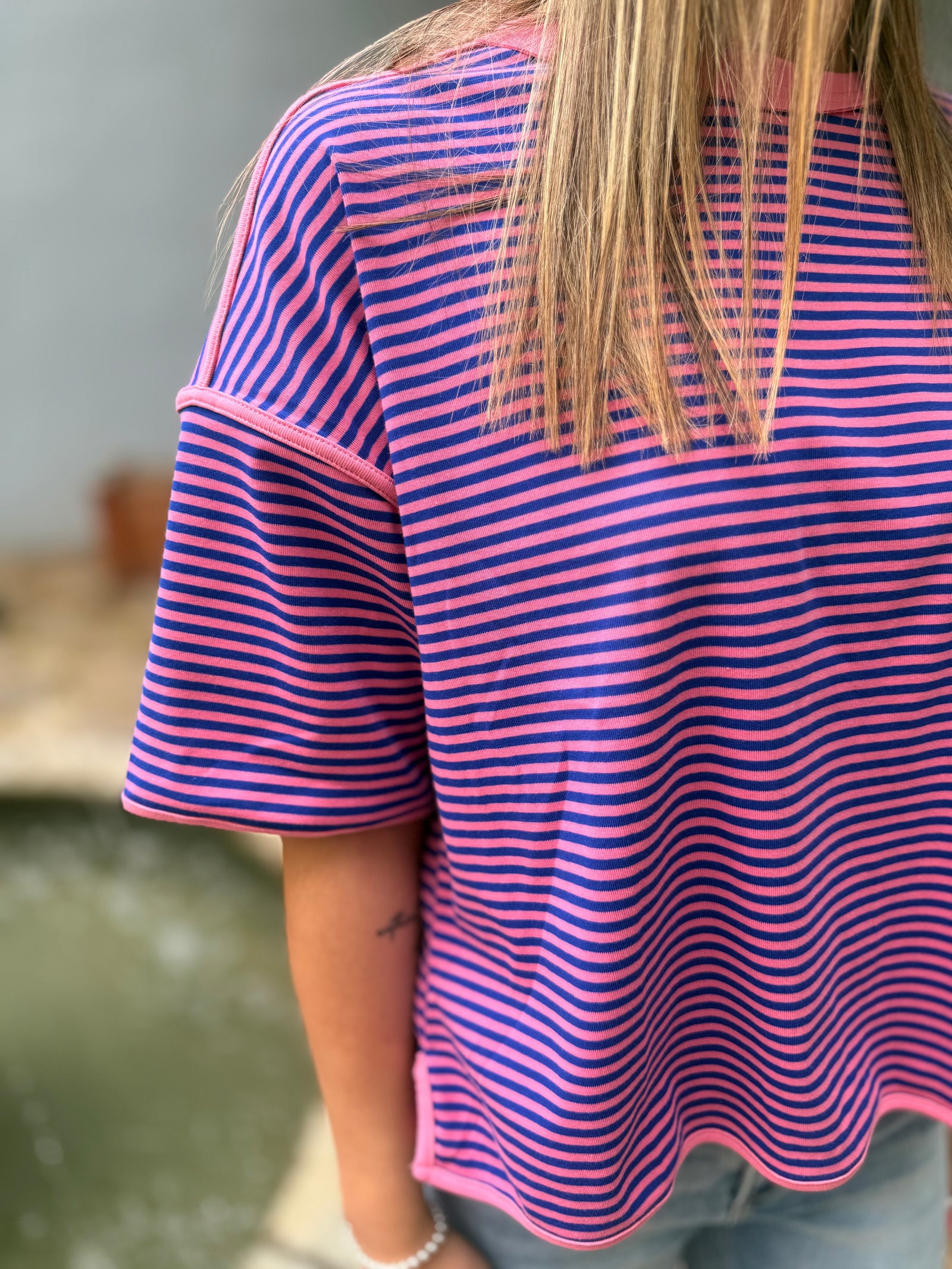 Sewn + Seen Pink/Royal Blue Striped Oversized Top