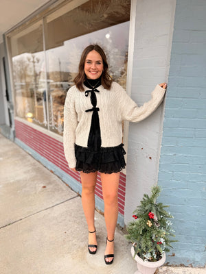 Oatmeal Velvet Bow Cable Knit Cardigan