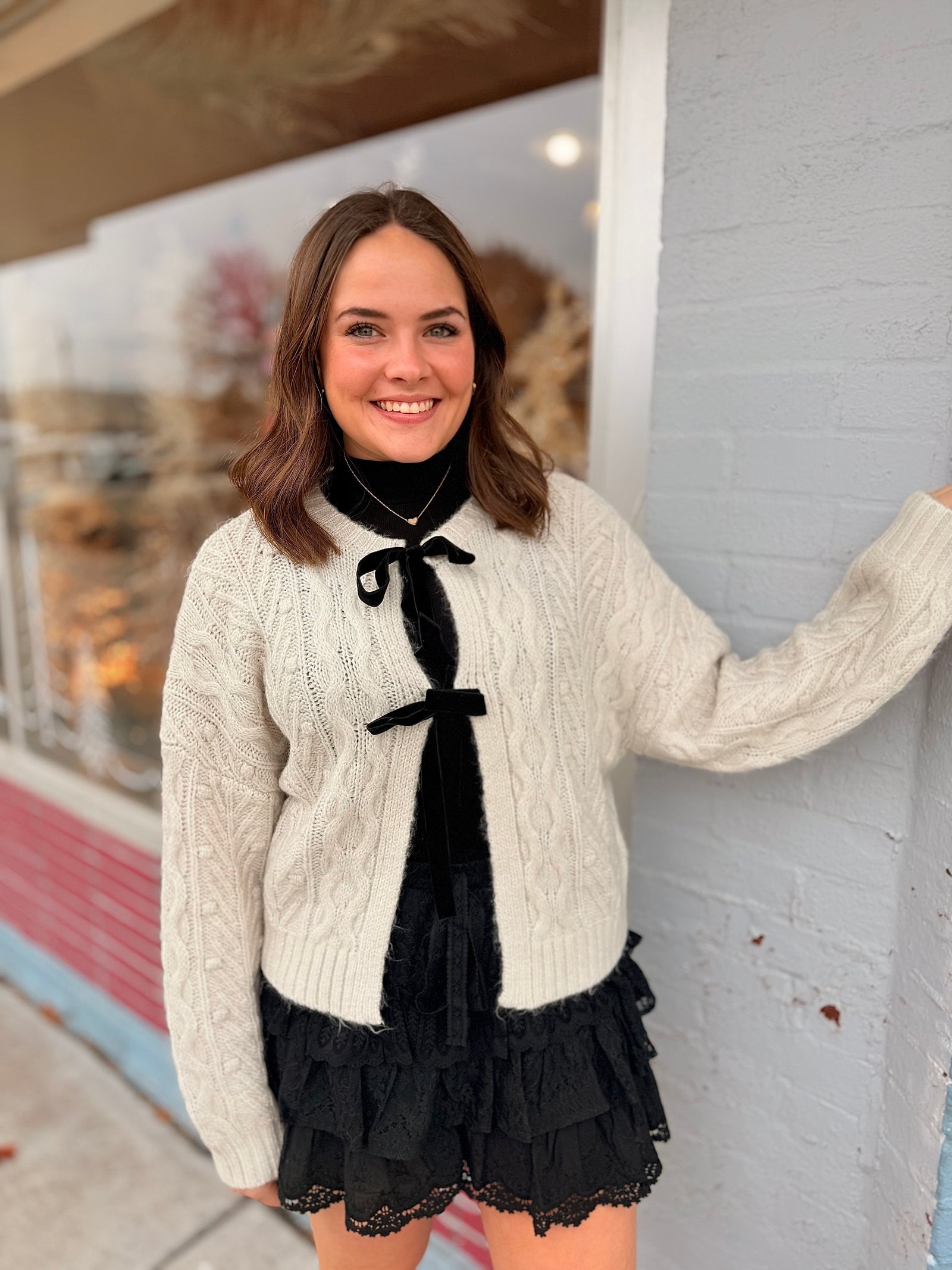 Oatmeal Velvet Bow Cable Knit Cardigan