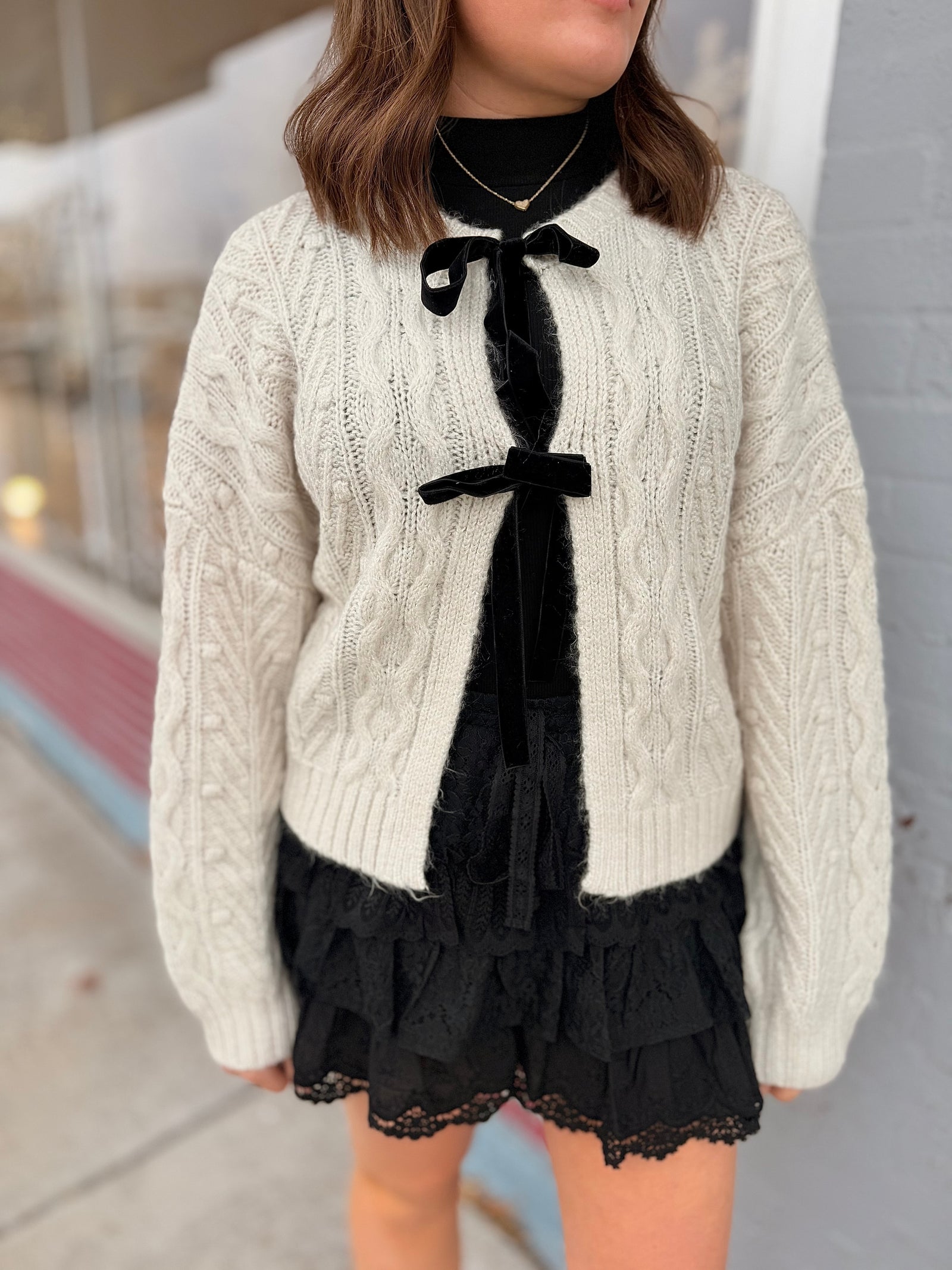 Oatmeal Velvet Bow Cable Knit Cardigan