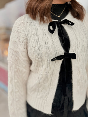 Oatmeal Velvet Bow Cable Knit Cardigan