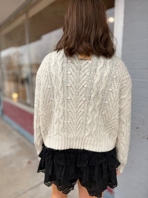 Oatmeal Velvet Bow Cable Knit Cardigan