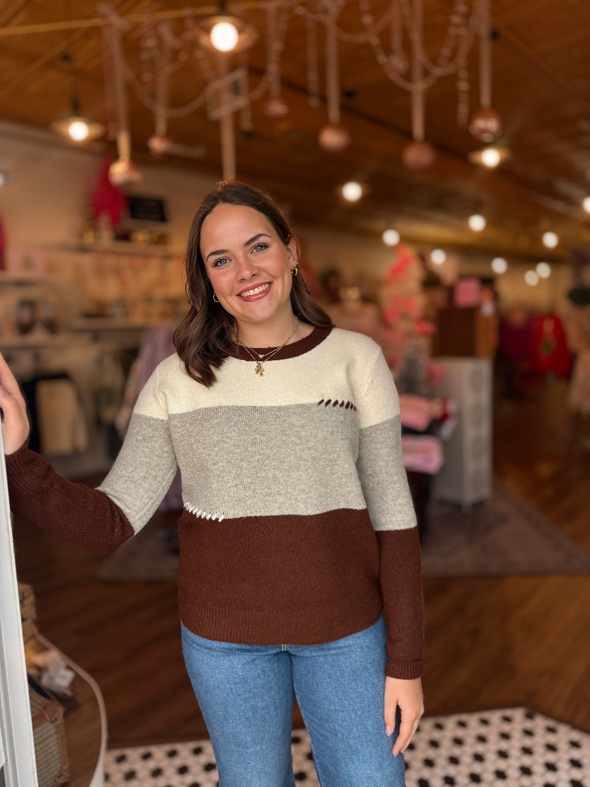 Taupe + Brown Color Block Sweater w/ Stitching Detail