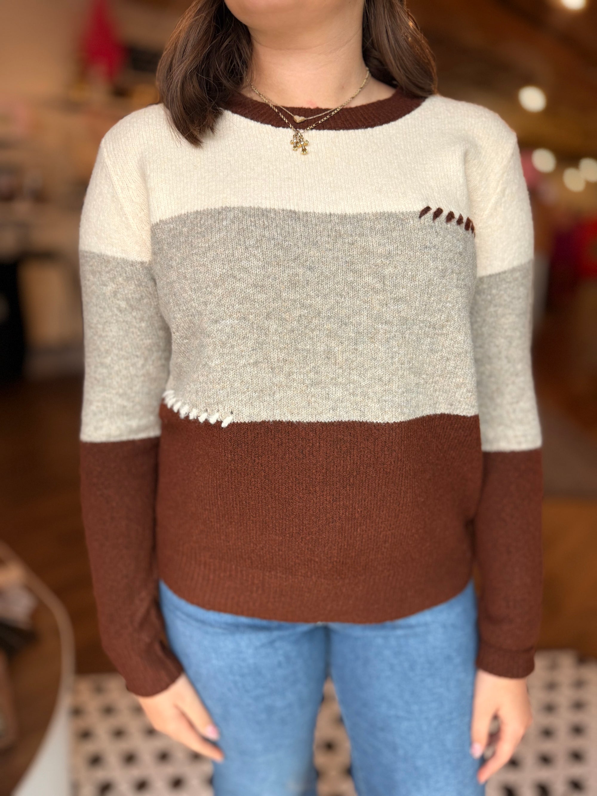 Taupe + Brown Color Block Sweater w/ Stitching Detail