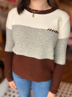 Taupe + Brown Color Block Sweater w/ Stitching Detail