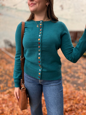 Teal Multi Color Button Down Cardigan