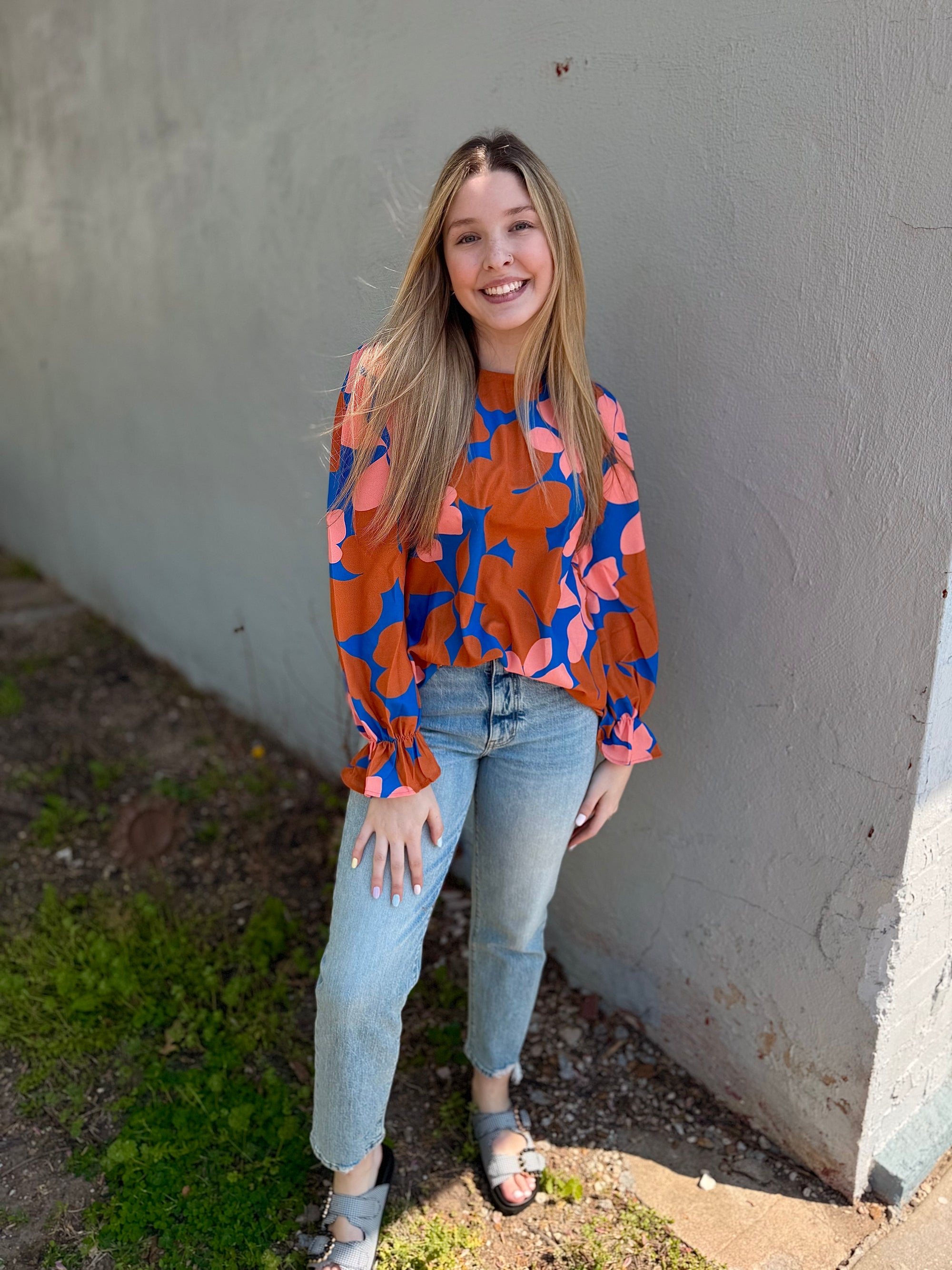 Pink + Camel Floral Long Sleeve Blouse