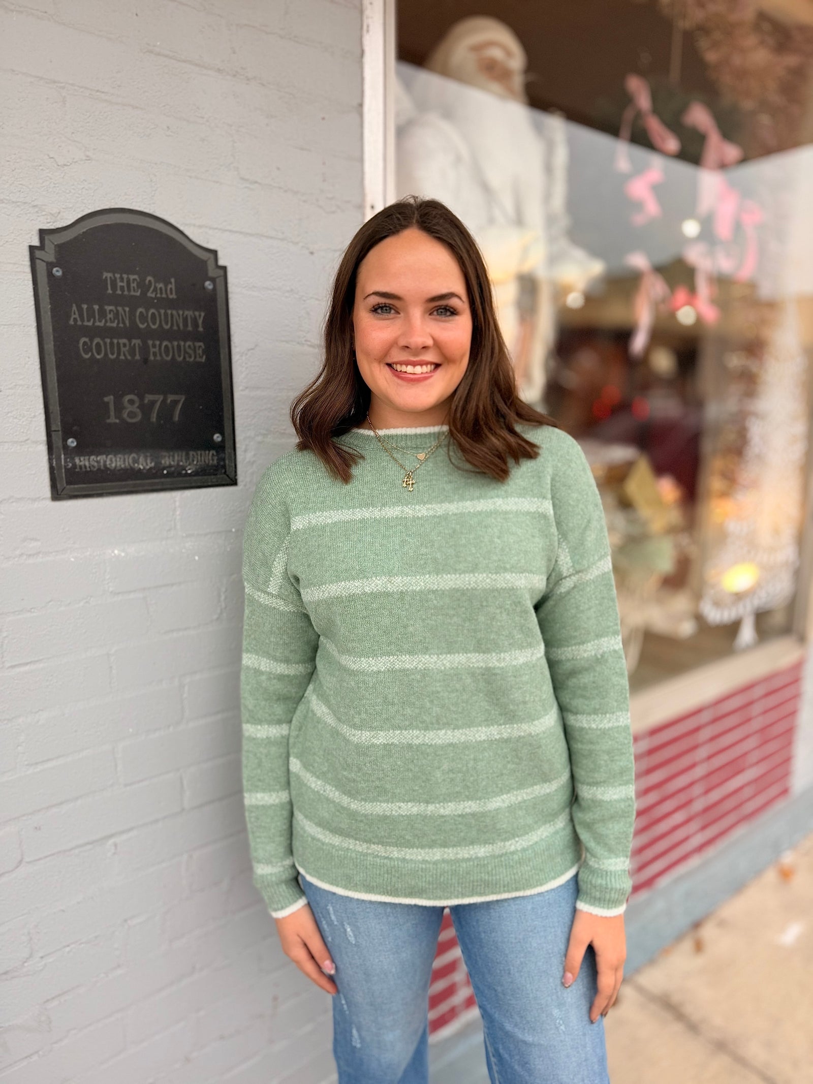 Sage Striped Crewneck Knit Sweater