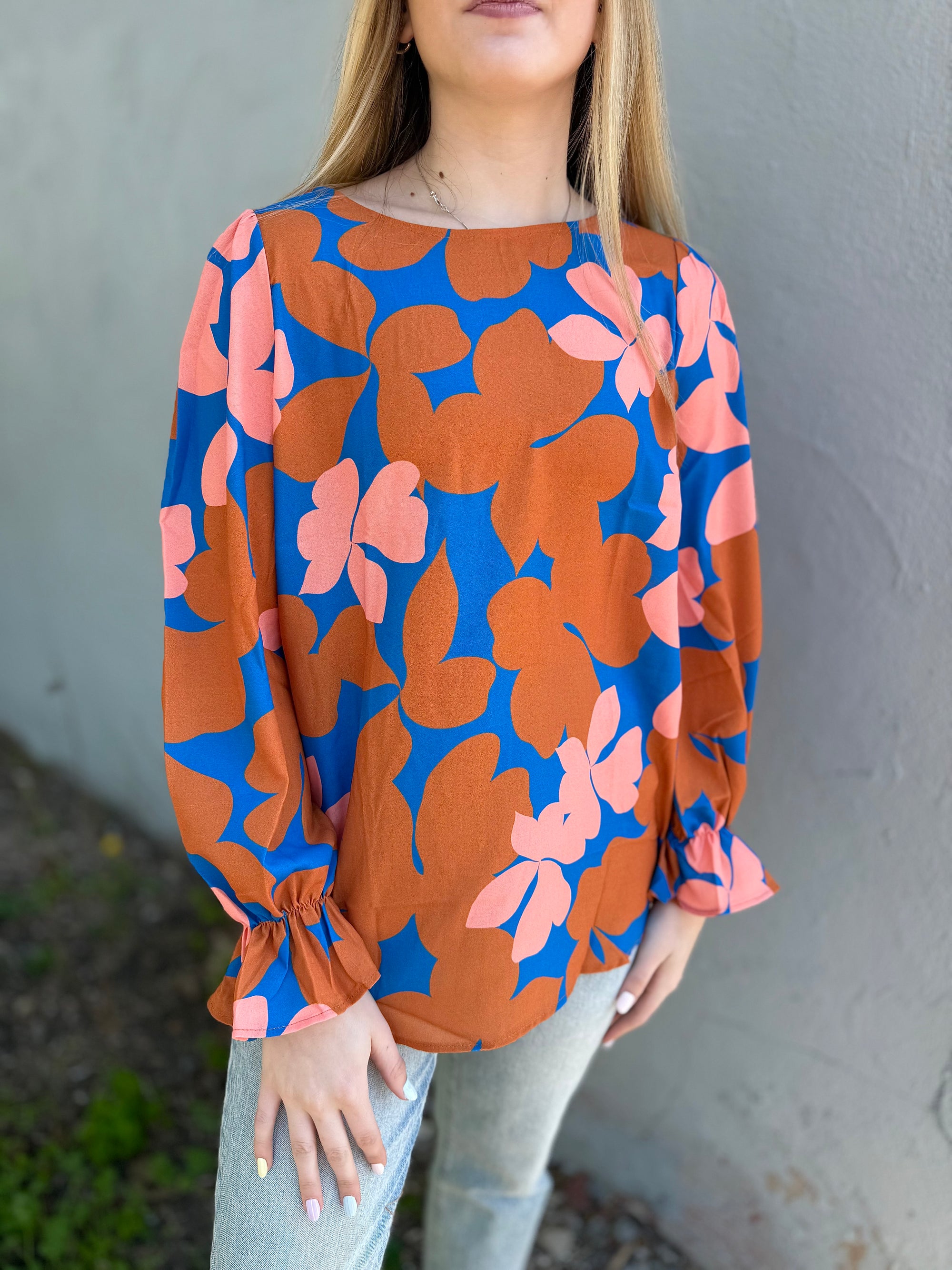 Pink + Camel Floral Long Sleeve Blouse
