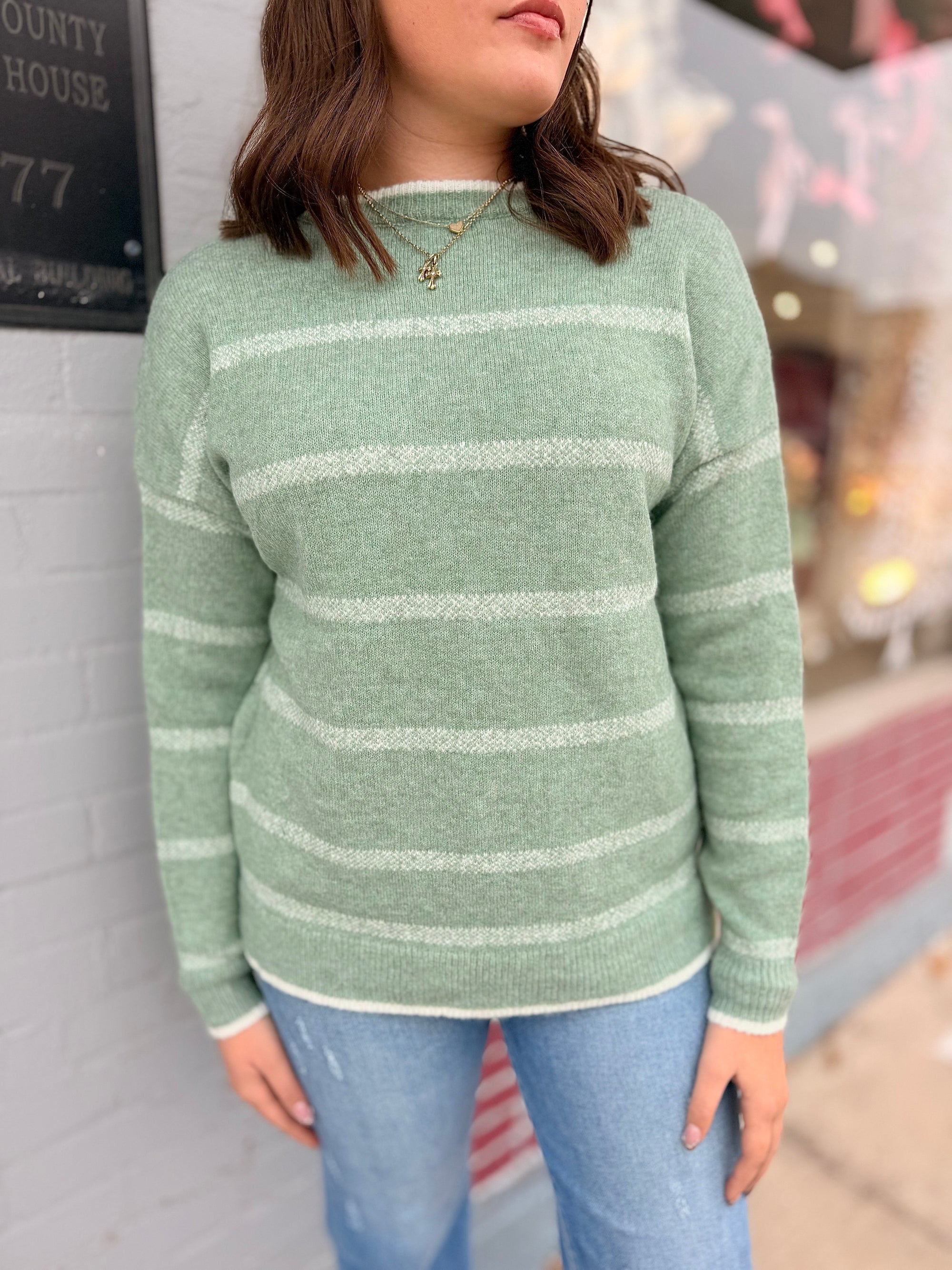 Sage Striped Crewneck Knit Sweater