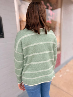 Sage Striped Crewneck Knit Sweater