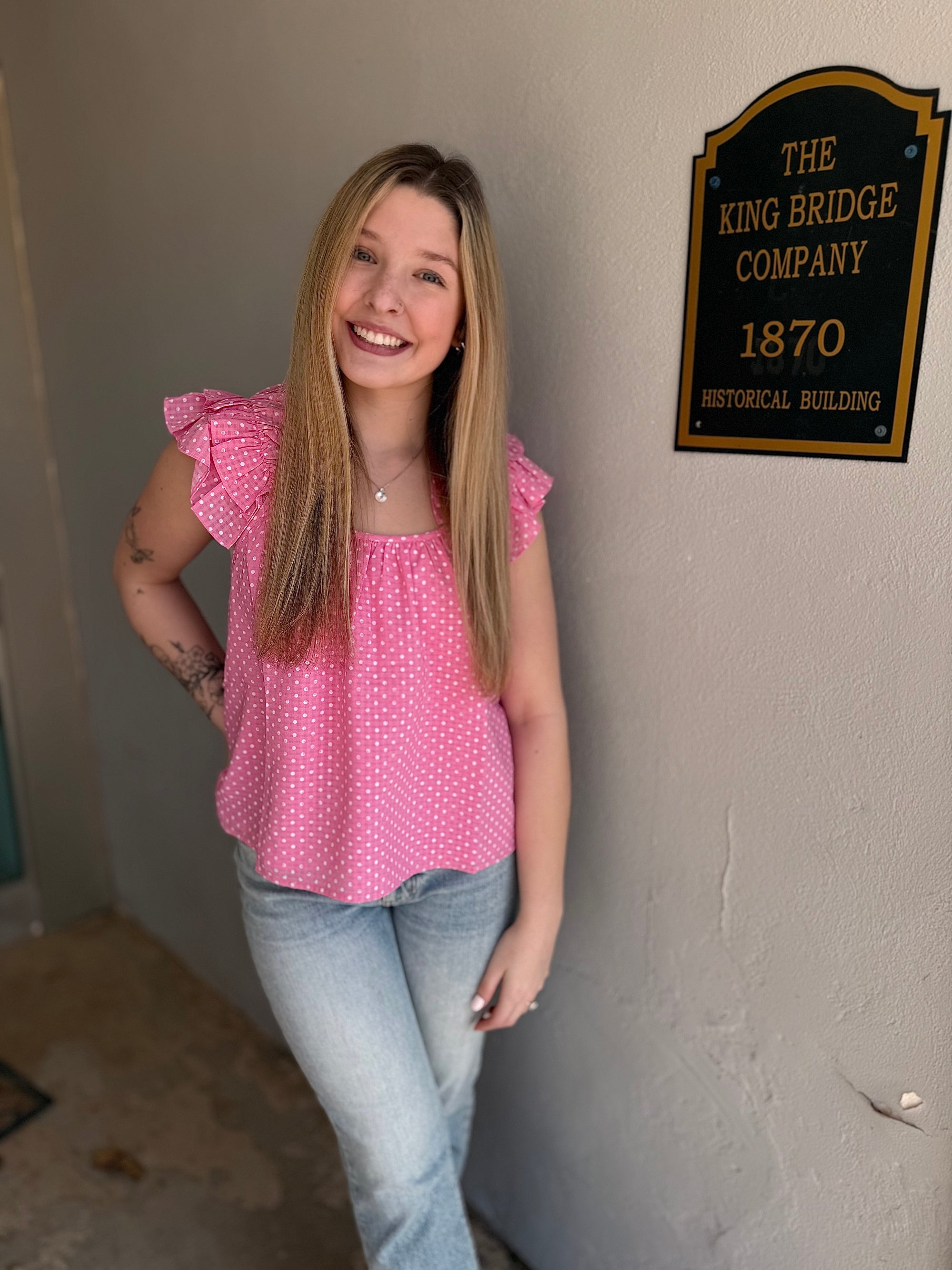 Pink Polka Dot Ruffle Strap Top