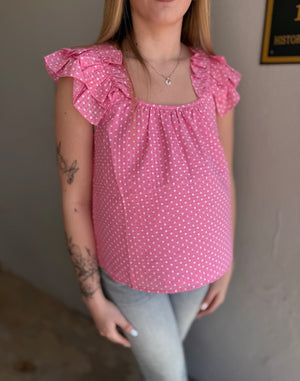Pink Polka Dot Ruffle Strap Top