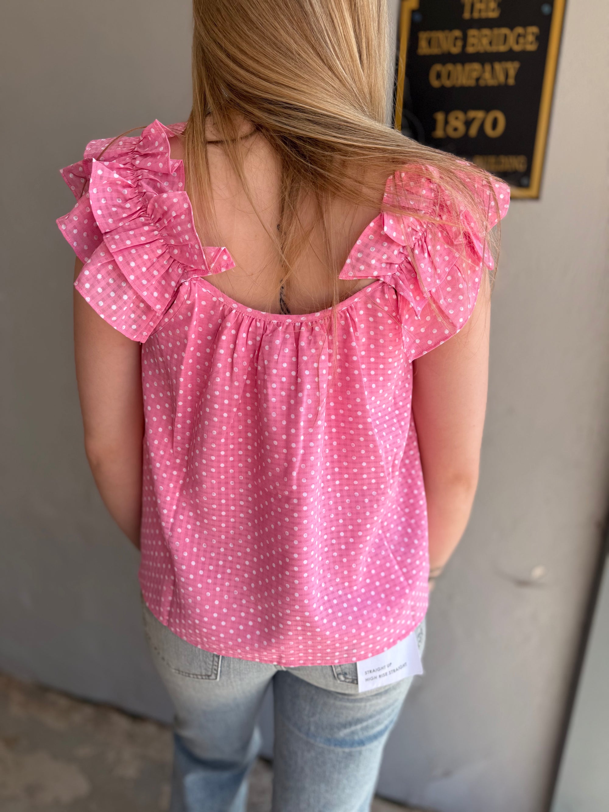 Pink Polka Dot Ruffle Strap Top