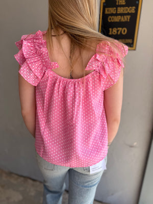 Pink Polka Dot Ruffle Strap Top