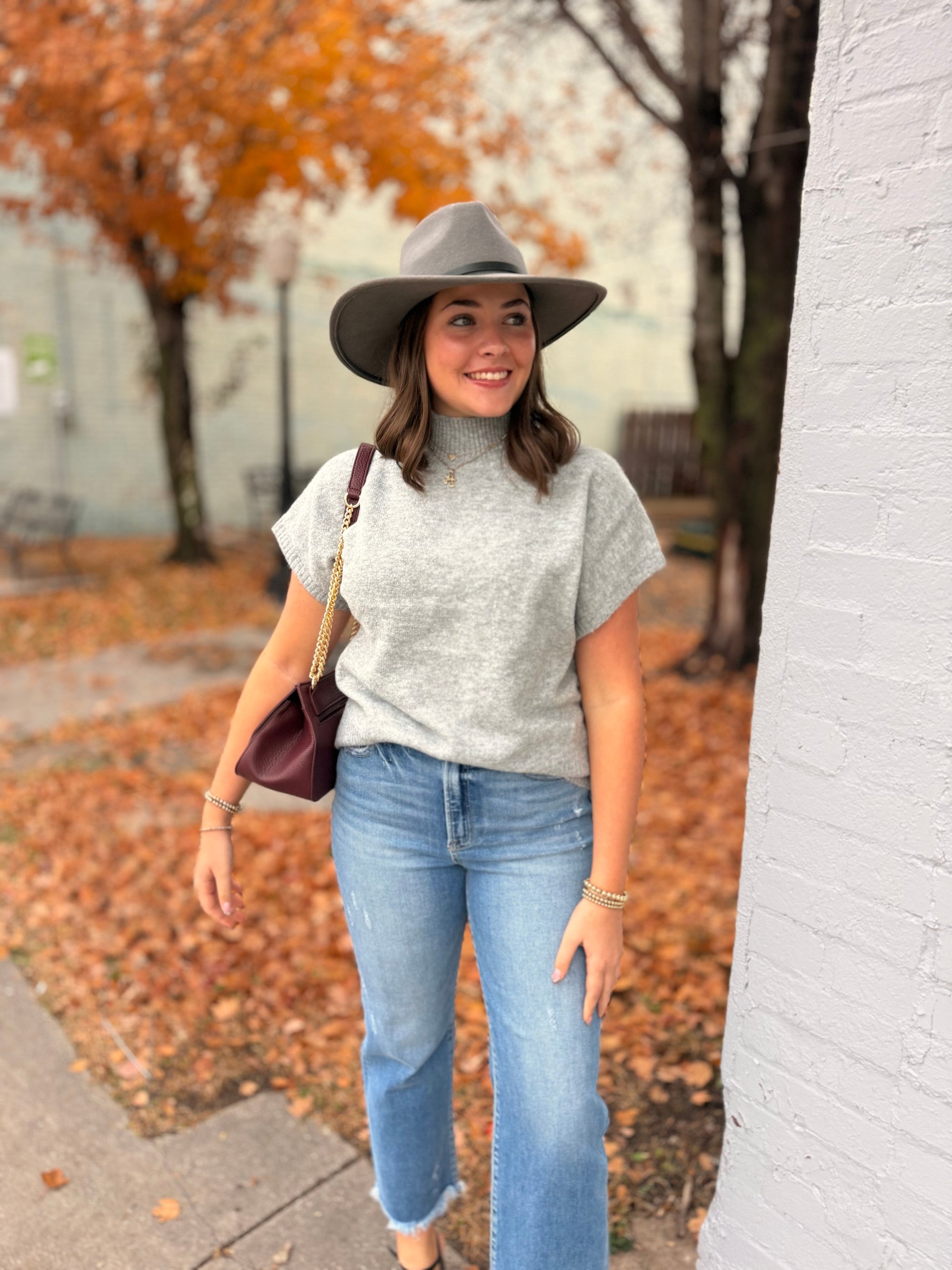 Heather Grey Mock Neck Short Sleeve Sweater