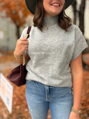 Heather Grey Mock Neck Short Sleeve Sweater