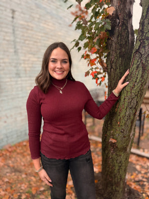 Burgundy Ribbed Fitted Top w/ Lettuce Edge