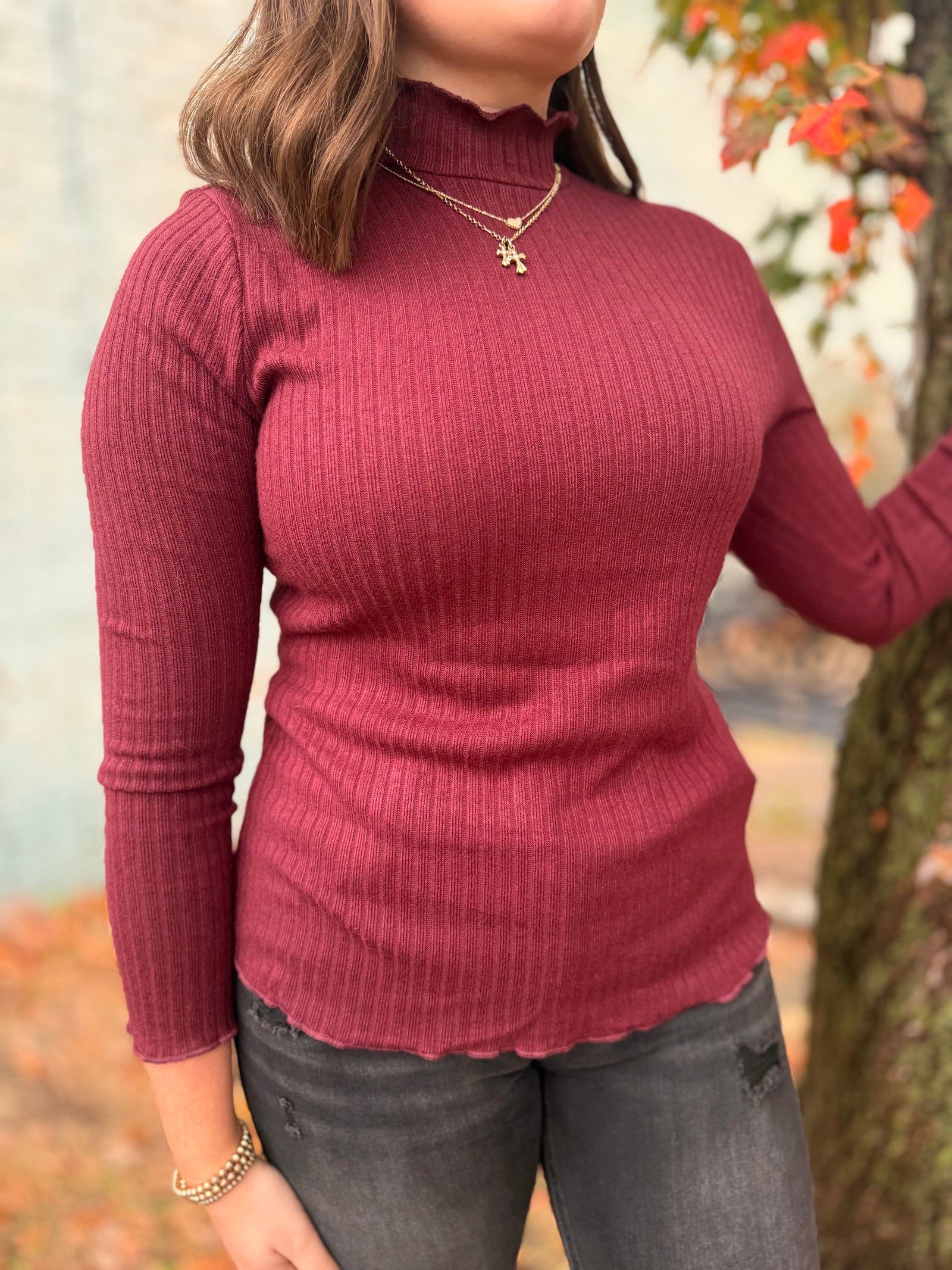 Burgundy Ribbed Fitted Top w/ Lettuce Edge