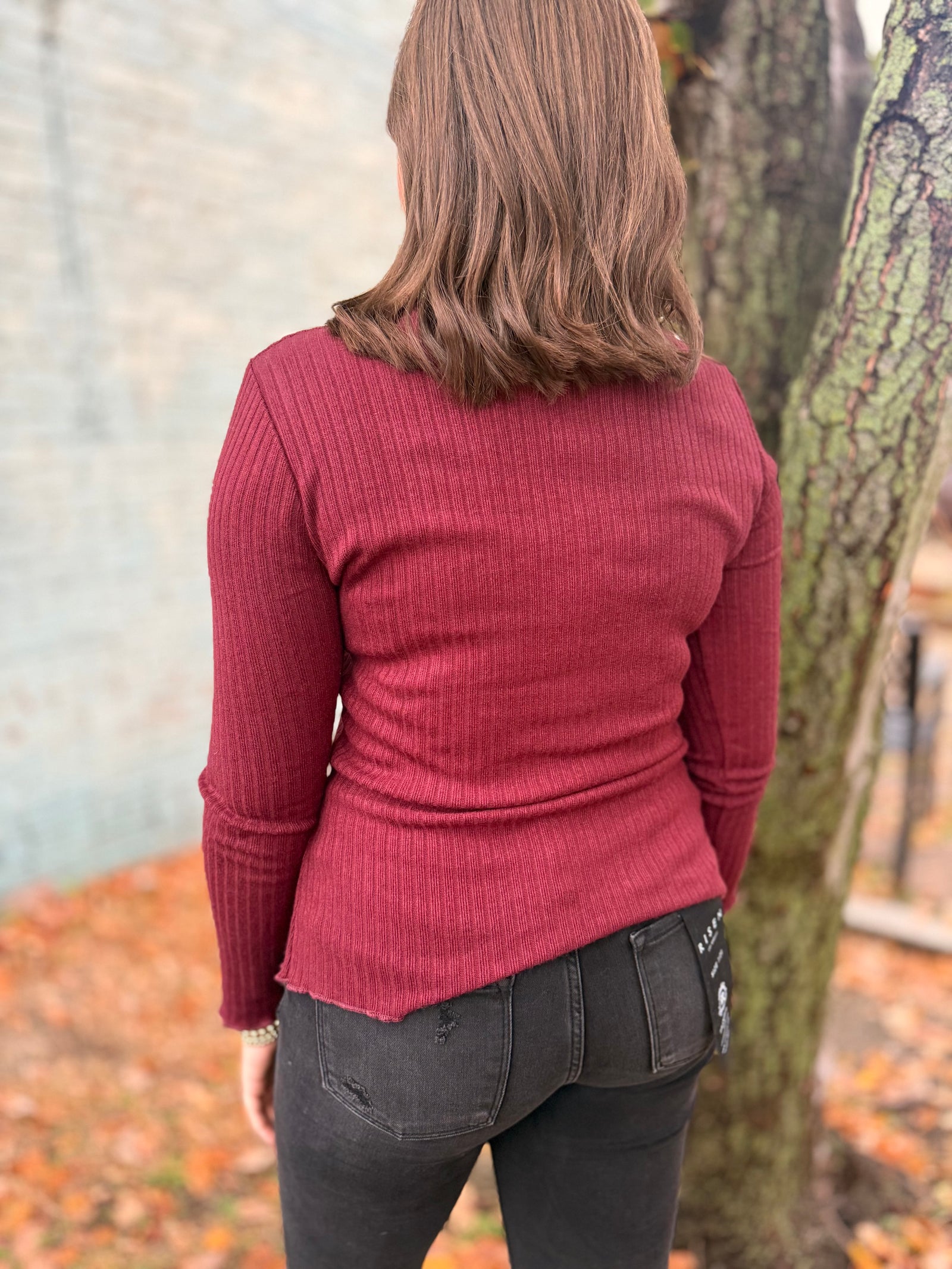 Burgundy Ribbed Fitted Top w/ Lettuce Edge