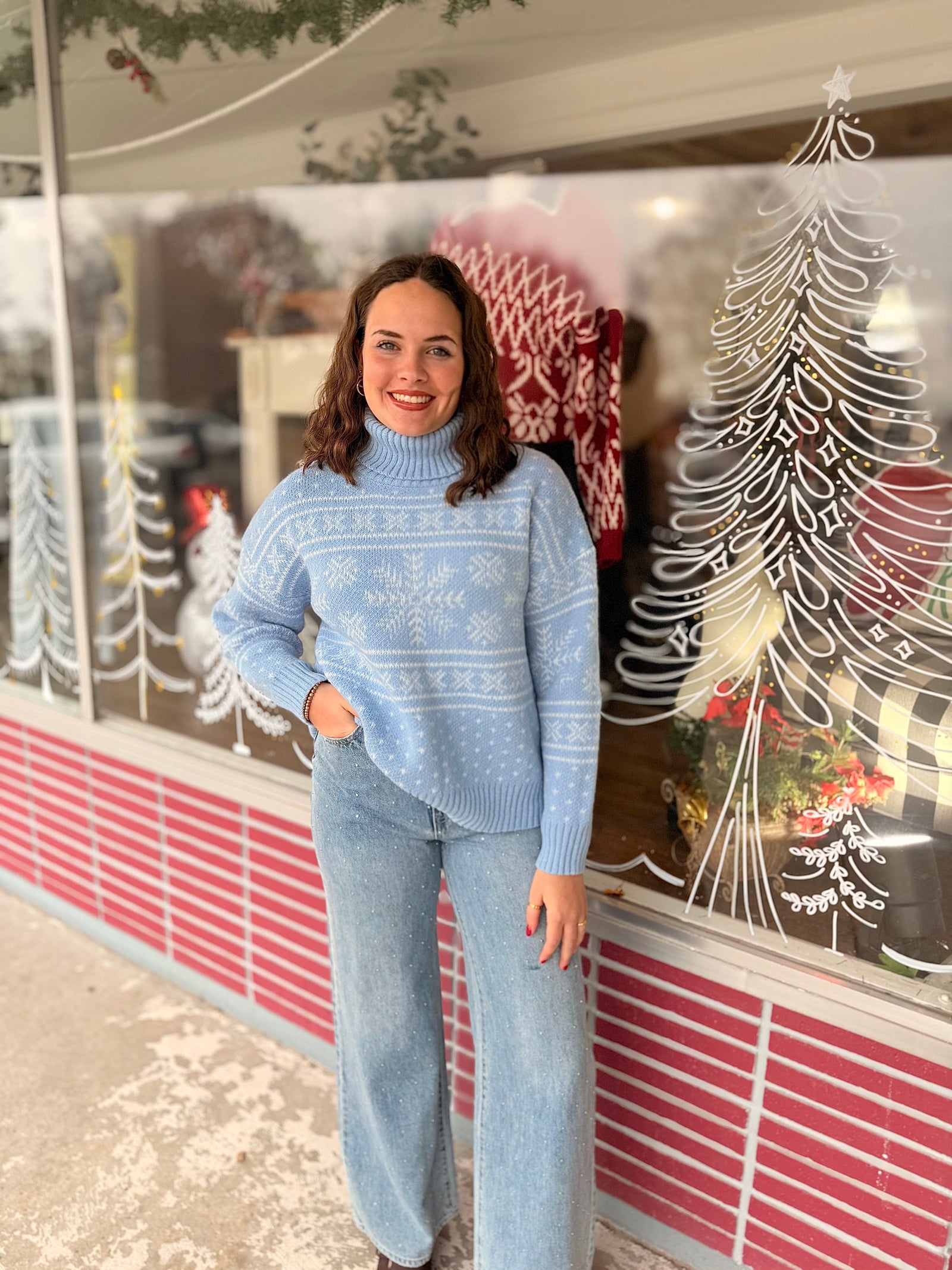 Light Blue Snowflake Turtleneck Sweater