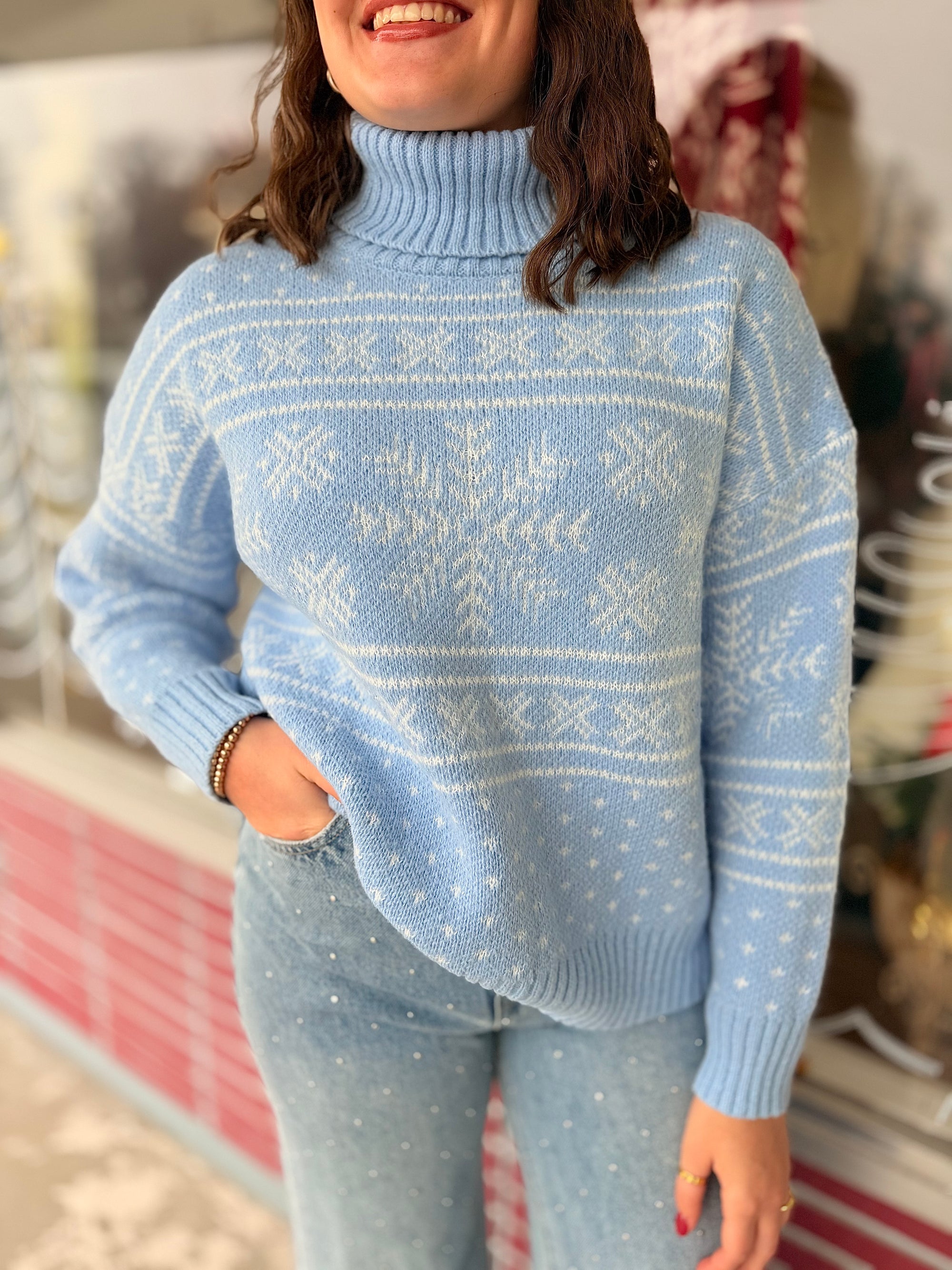 Light Blue Snowflake Turtleneck Sweater