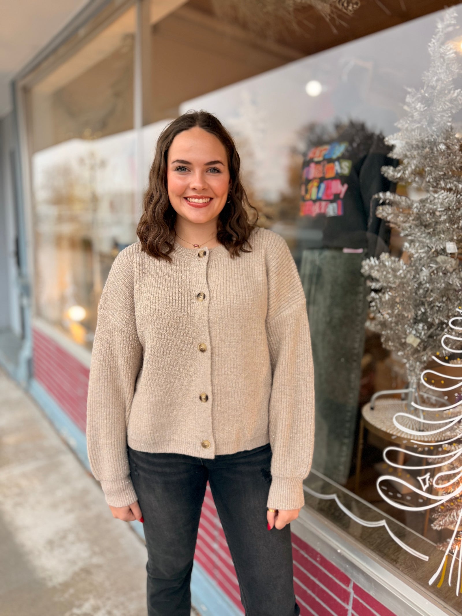 Tan Metallic + Sequin Button Cardigan
