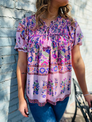 Mix Print Boxy Top w/ Tie Front - Pink