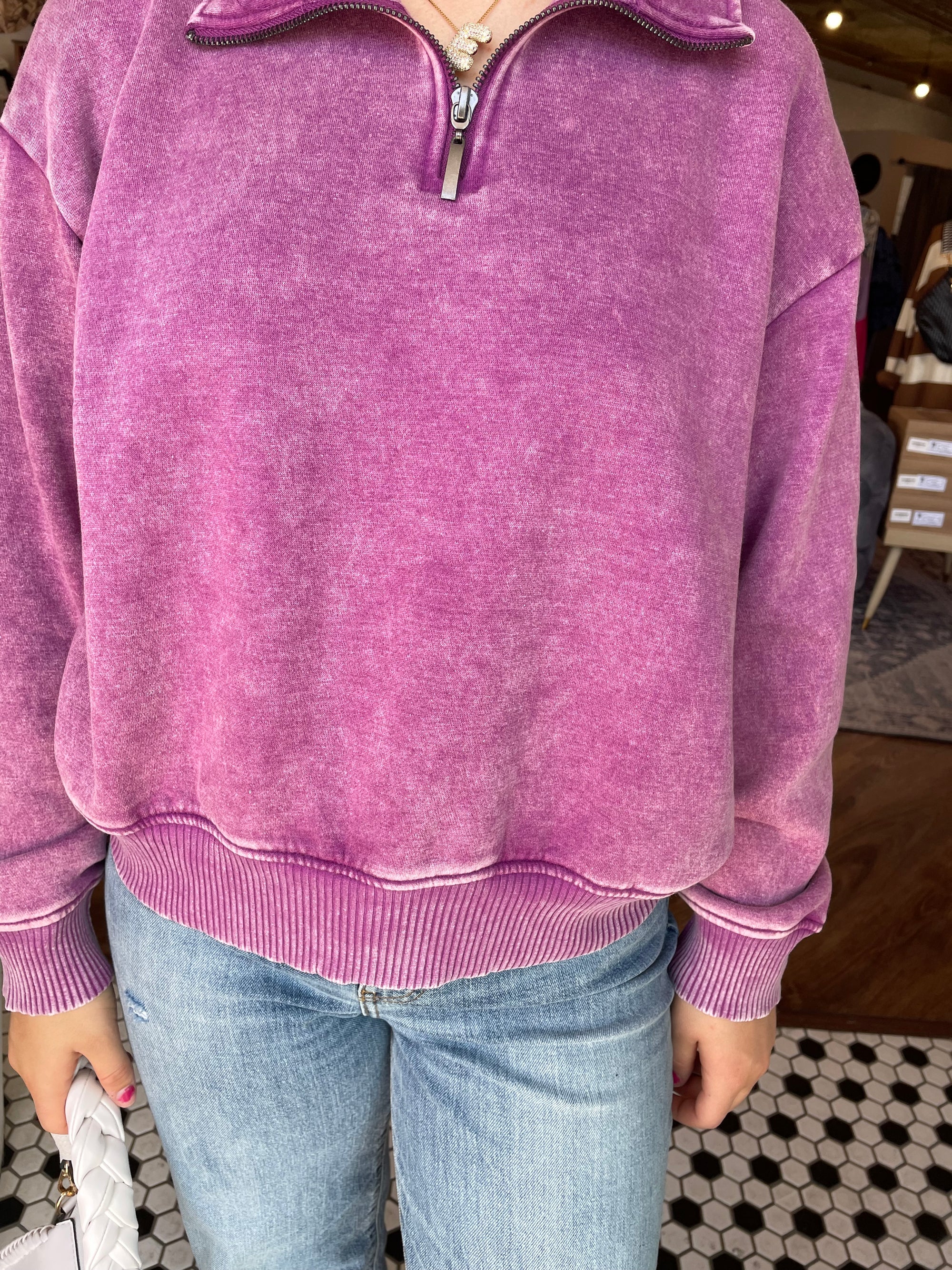 Plum Acid Wash Fleece Half Zip Pullover