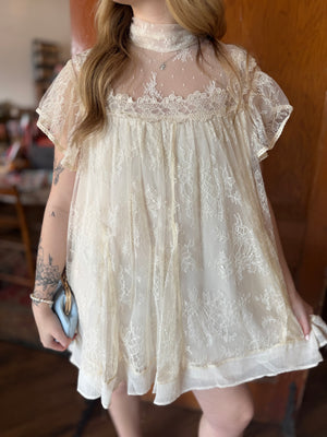 Cream Lace High Neck Babydoll Dress