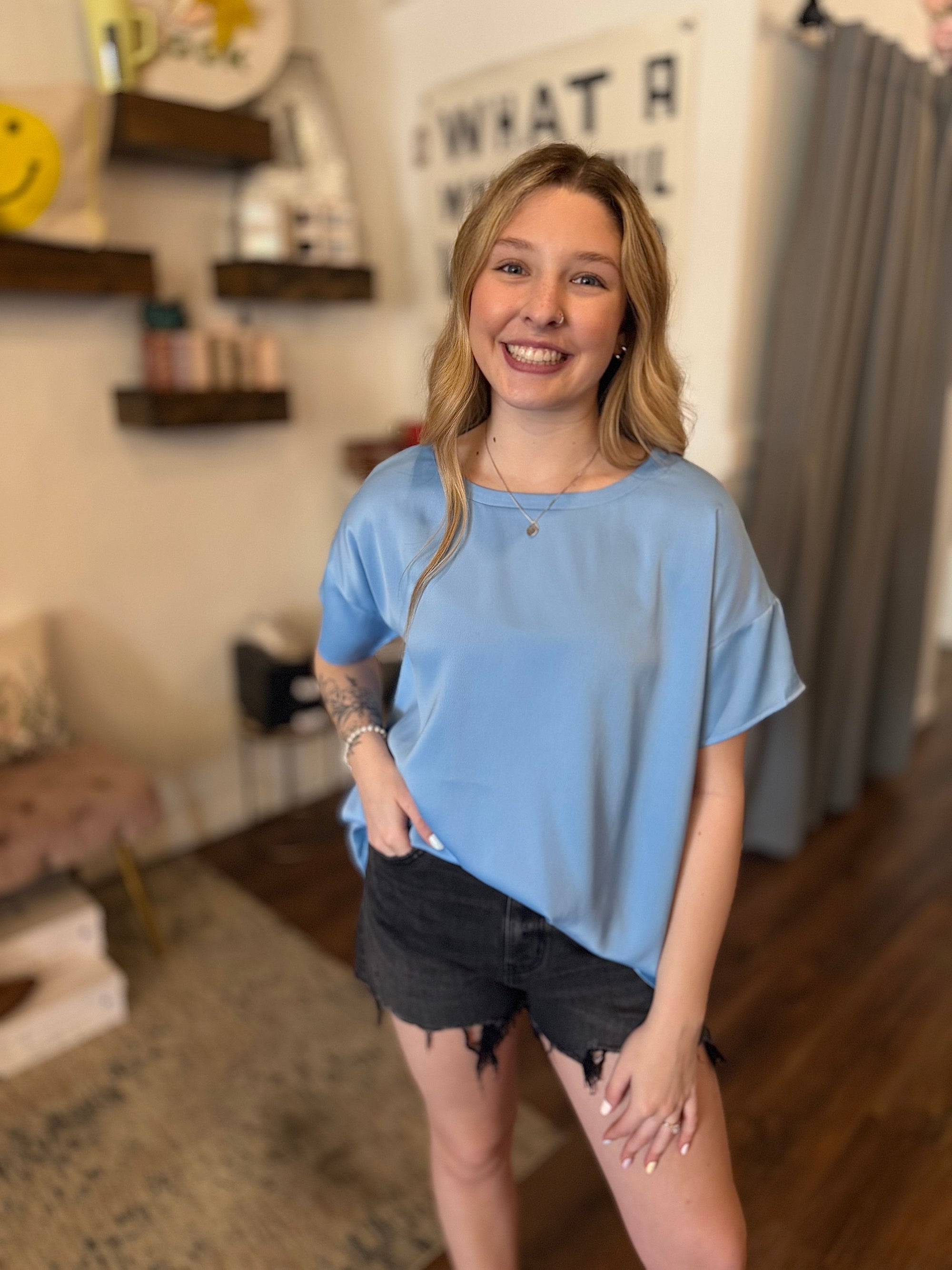 Light Blue Satin Short Sleeve Blouse
