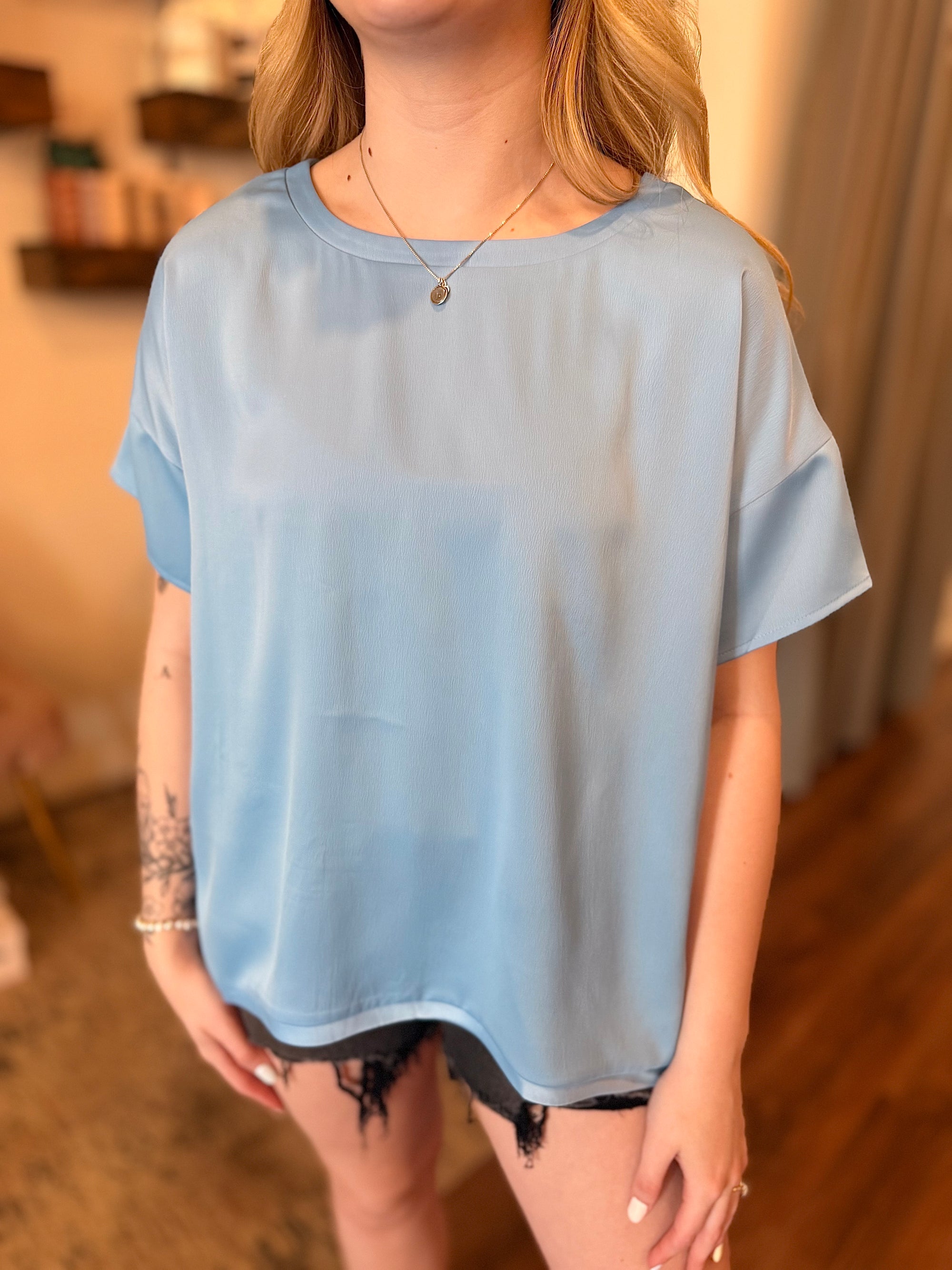 Light Blue Satin Short Sleeve Blouse