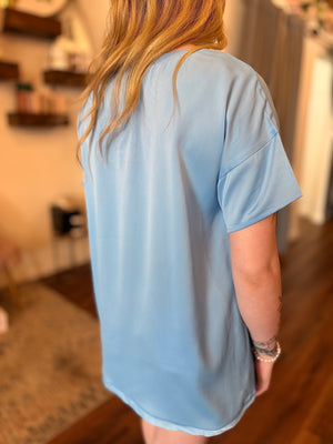 Light Blue Satin Short Sleeve Blouse
