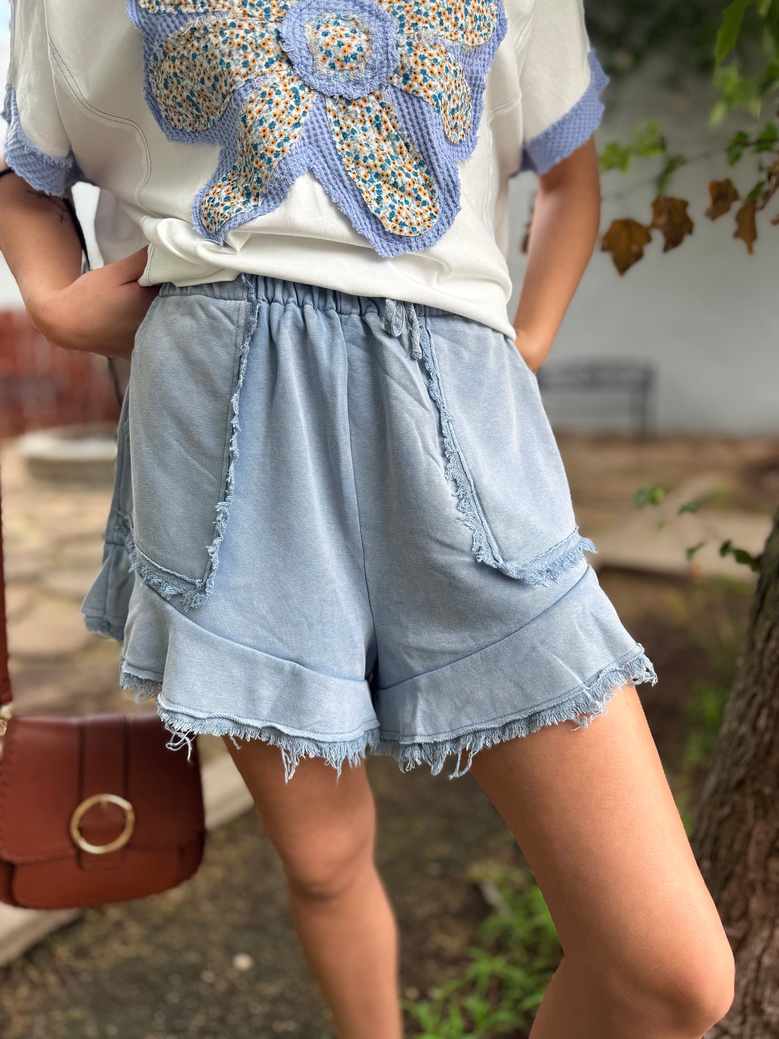 Sage + Fig Blue Sunset Washed Fray Shorts